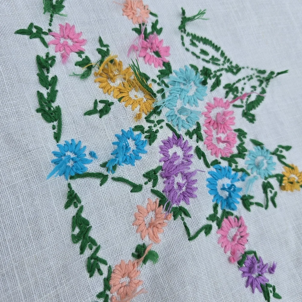 Vintage Cottagecore Tablecloth / Table Topper 39x39 with Floral Hand Embroidery